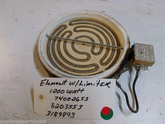 MAGIC CHEF STOVE 74002653 8203553 3189893 Element W/ limiter 1200 watt USED MAGIC CHEF STOVE 74002653 8203553 3189893 Element W/ limiter 1200 watt USED